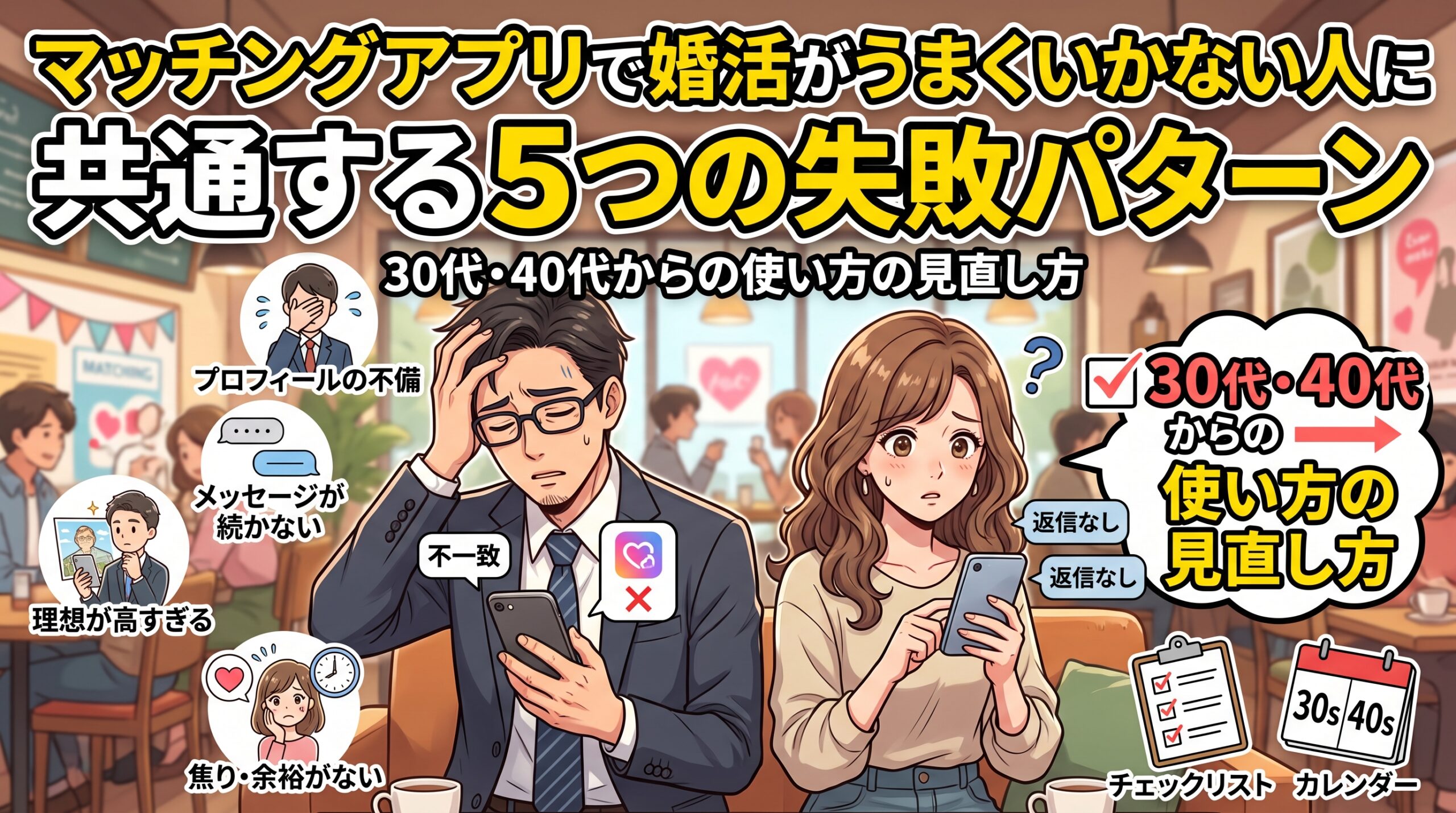 マッチングアプリで婚活がうまくいかない人に共通する5つの失敗パターン｜30代・40代からの使い方の見直し方