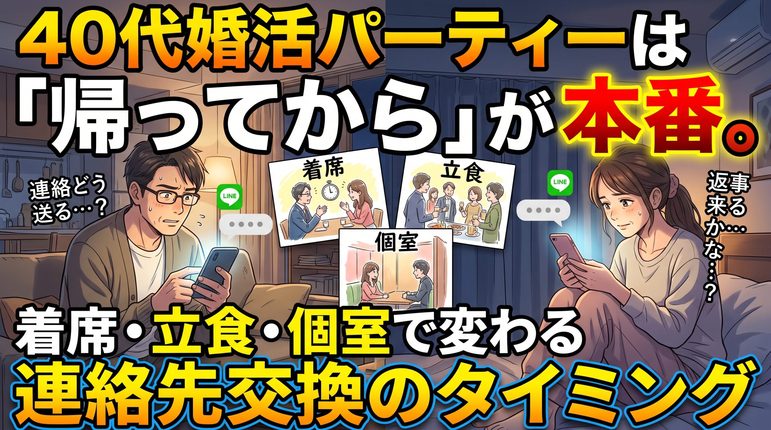 40代婚活パーティーは「帰ってから」が本番。着席・立食・個室で変わる連絡先交換のタイミング