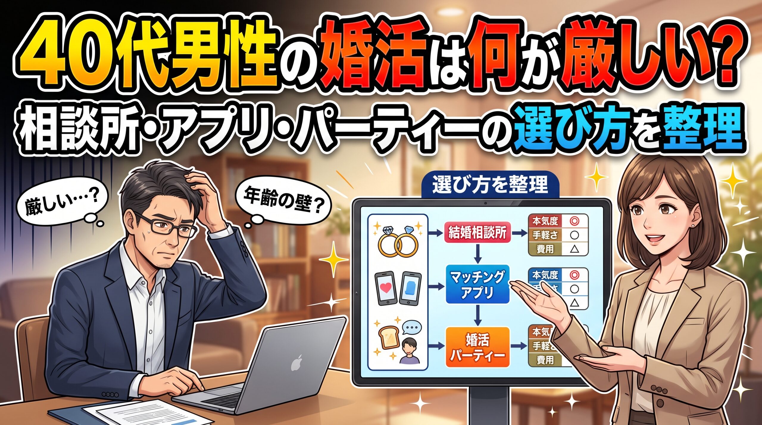 40代男性の婚活は何が厳しい？相談所・アプリ・パーティーの選び方を整理